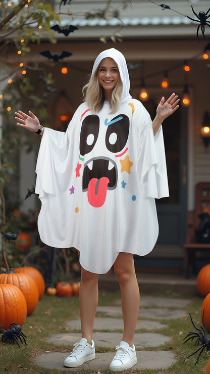 White Ghost Poncho Costume with Attached Hood