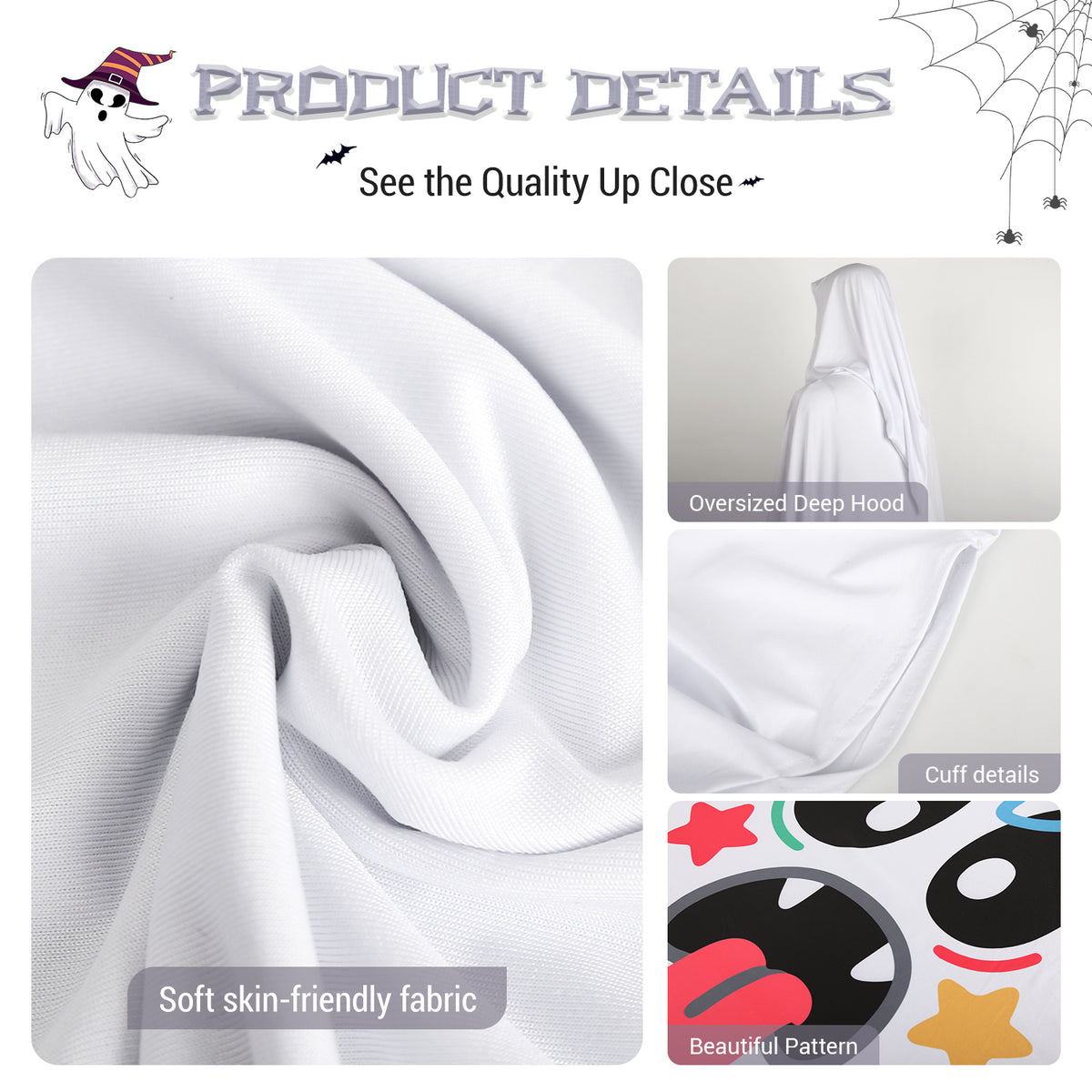 White Ghost Poncho Costume with Attached Hood