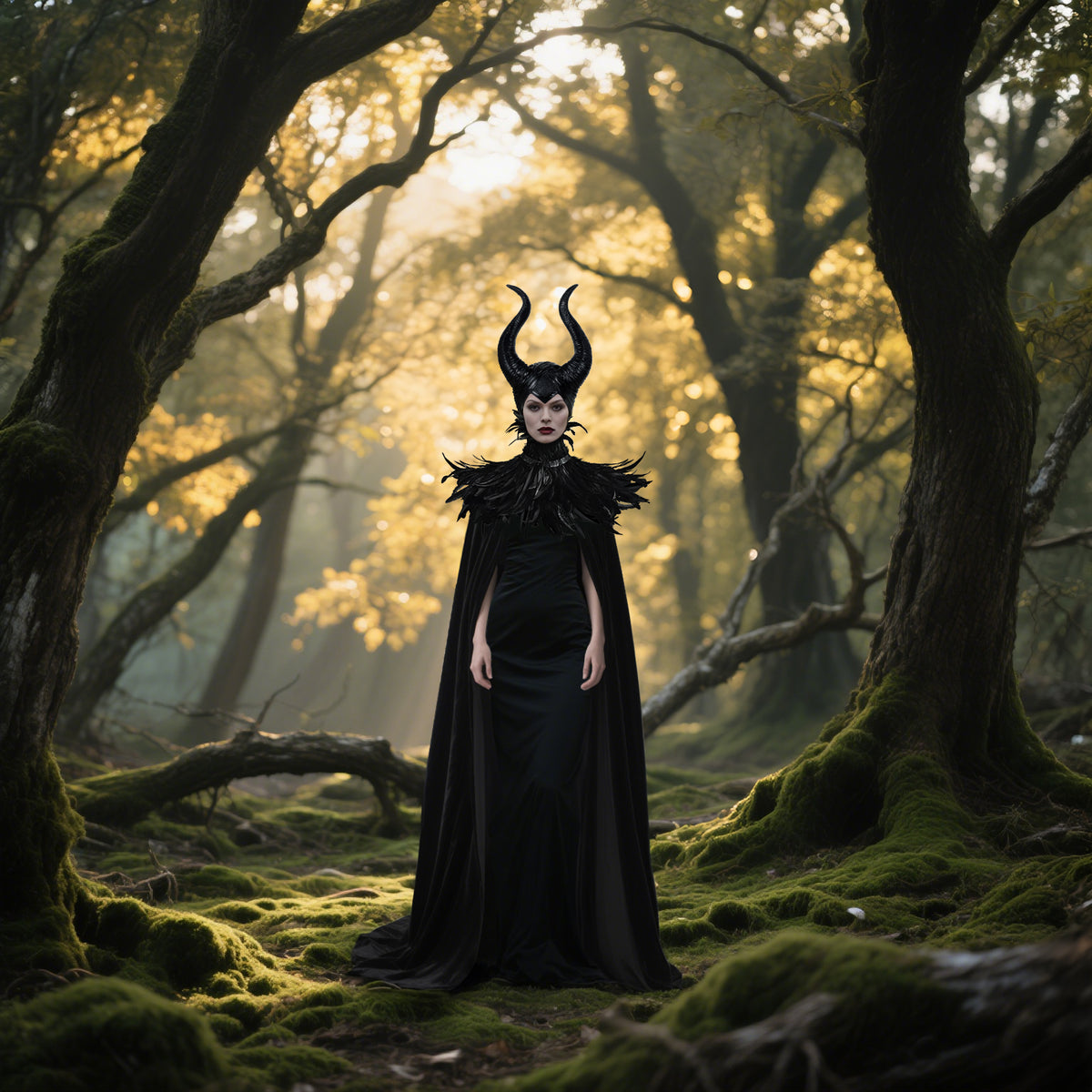 Black horn and feather cape costume set worn in a dark forest setting