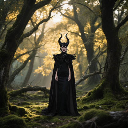 Black horn and feather cape costume set worn in a dark forest setting