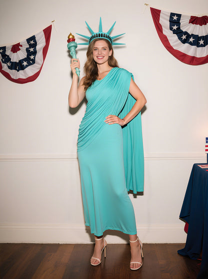 Turquoise draped sleeveless costume dress product view 18