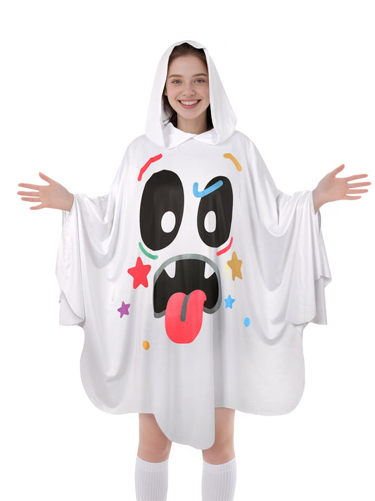 White Ghost Poncho Costume with Attached Hood