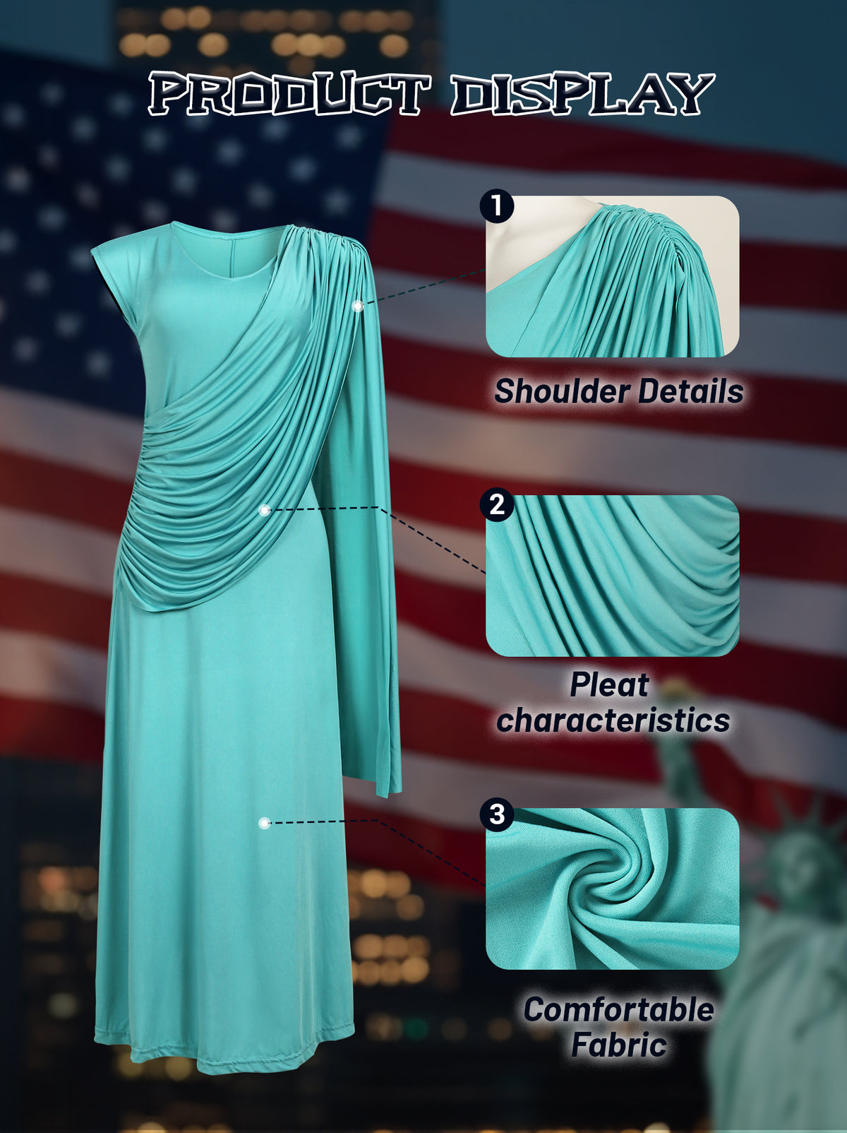 Turquoise draped sleeveless costume dress product view 9