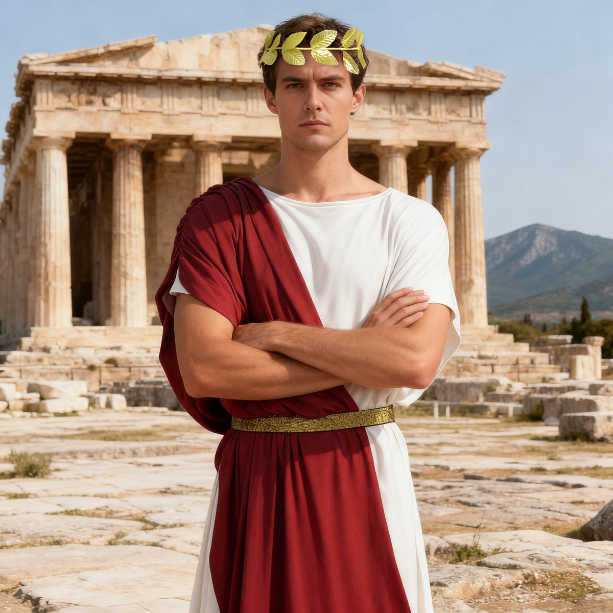 Red and white Greek toga costume with gold leaf headband worn in front of an ancient temple
