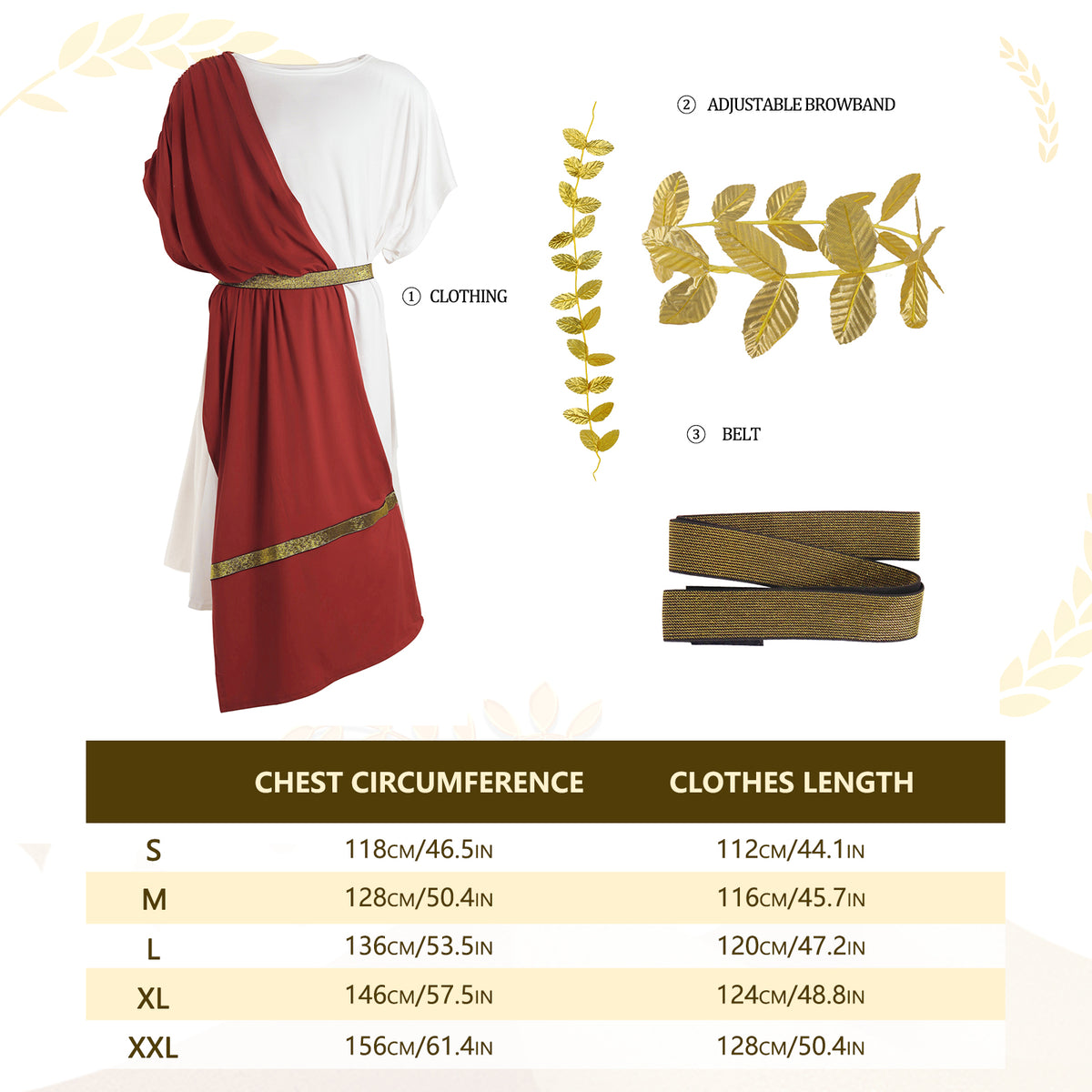 What's included and size chart: tunic, adjustable gold leaf headband and belt; chest and length for S to XXL