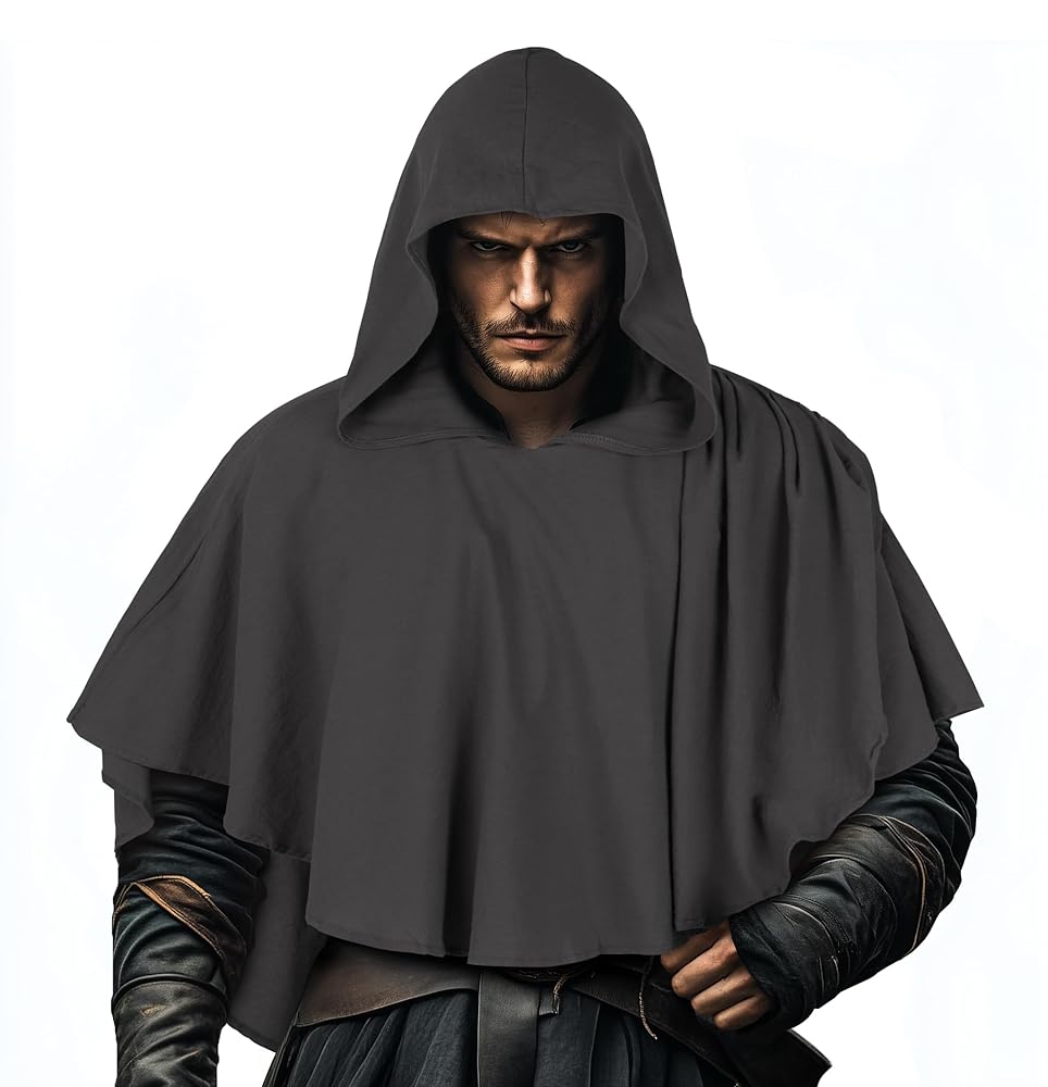 Dark Medieval Fantasy Hooded Cloak Gray Loose-Fitting Cape-Like Poncho With Oversized Hood For Cosplay Role-Playing Attire