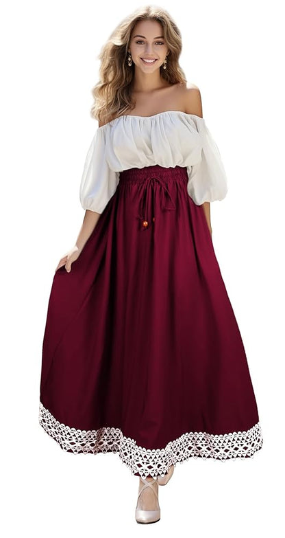 Long burgundy A-line skirt with drawstring