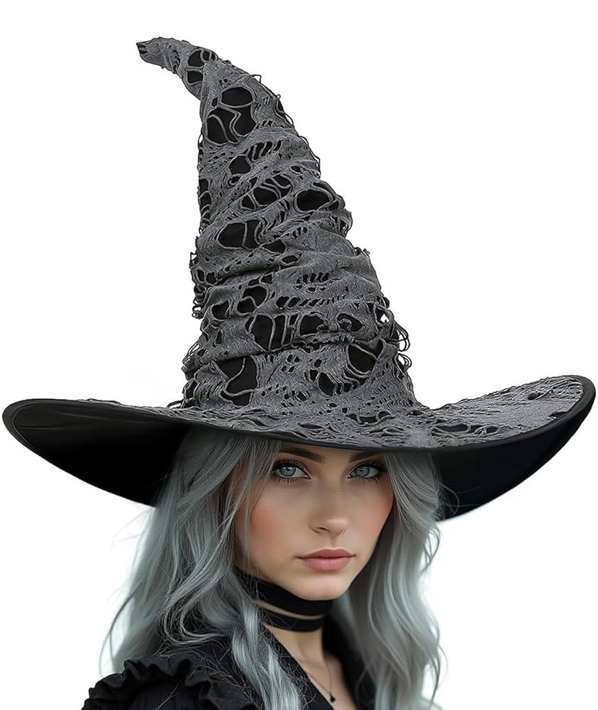Dark Gray Halloween Witch Hat, Tall Crooked Pointed Hat With Distressed Shredded Texture, Wide Curved Brim For Costume Party Cosplay
