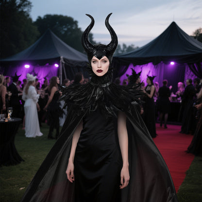 Woman wearing the black feather collar, cloak and horn headpiece at a Halloween party