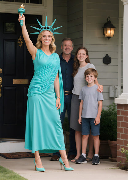 Turquoise draped sleeveless costume dress product view 8