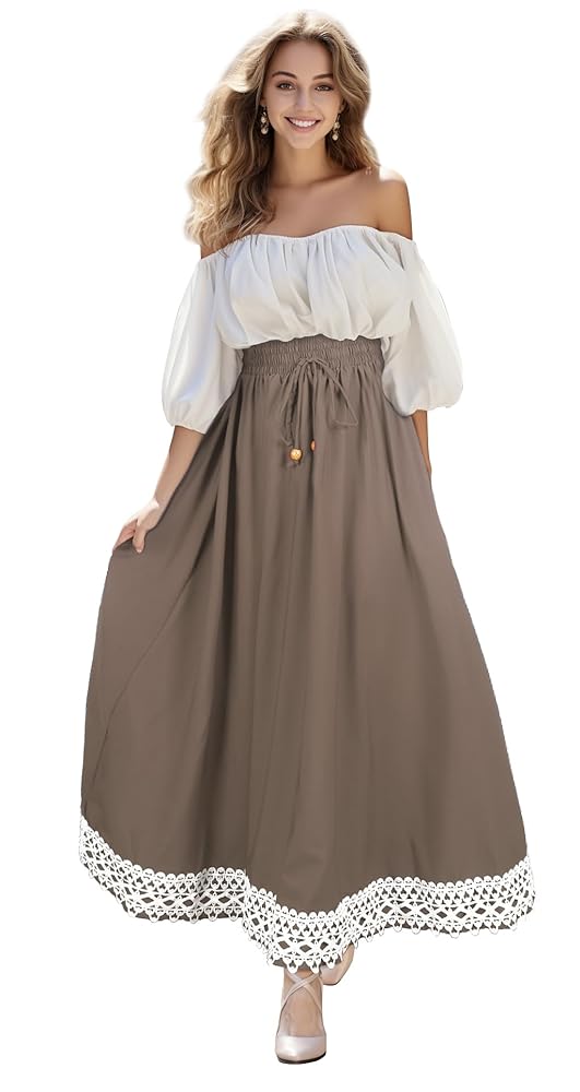 Long khaki A-line skirt with lace