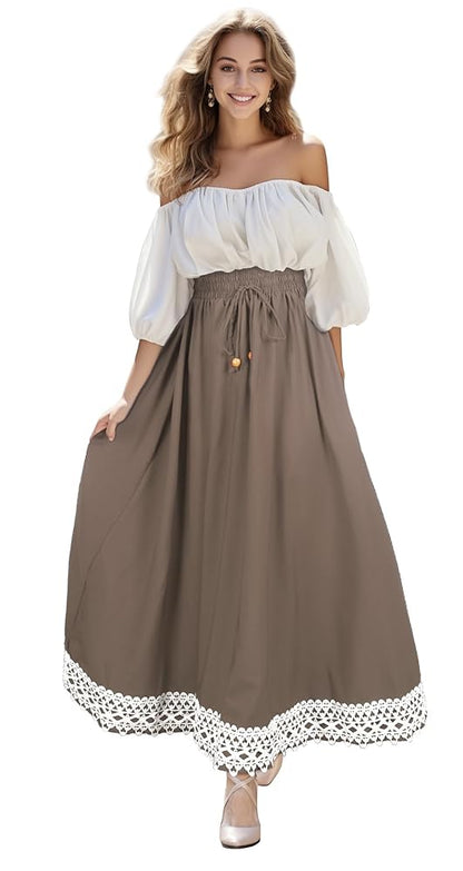 Long khaki A-line skirt with lace