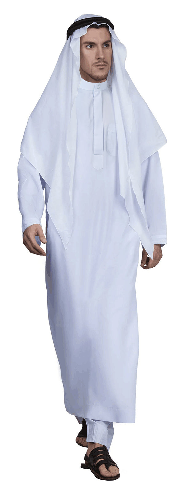 Men's Traditional Muslim Robe Outfit, Full-Length White Robe with Draped Head Covering and Black Headband