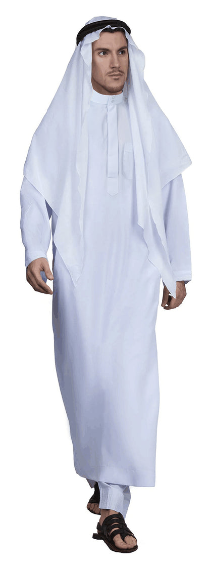 Men's Traditional Muslim Robe Outfit, Full-Length White Robe with Draped Head Covering and Black Headband