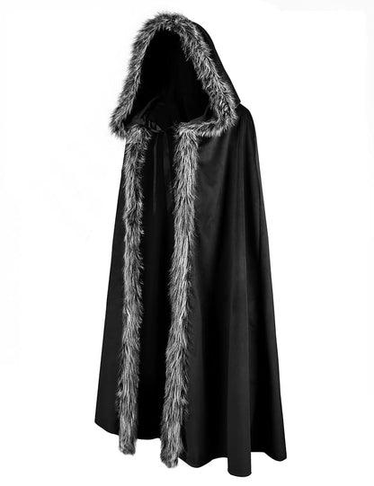 Black hooded costume cloak with fur trim