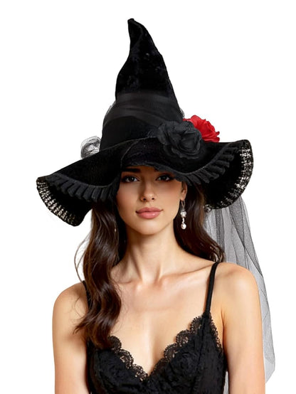 Black Halloween Witch Hat with Red Rose, Wide Brim, Tall Pointed Crown and Sheer Veil for Costume Parties and Photo Shoots