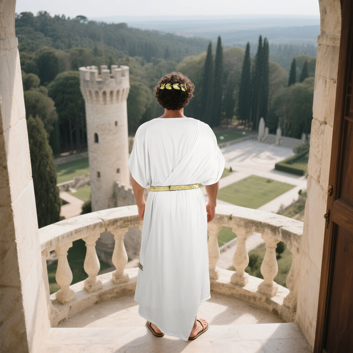 Back view of the white men's Greek toga costume with gold belt and laurel wreath