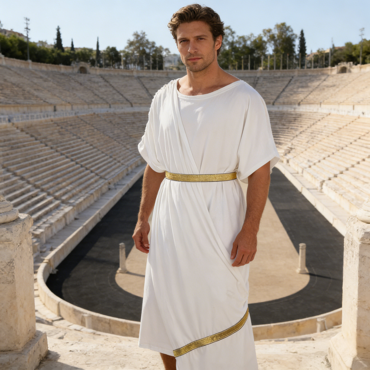 Man wearing a white draped toga with gold belt and hem trim in an empty stone amphitheater