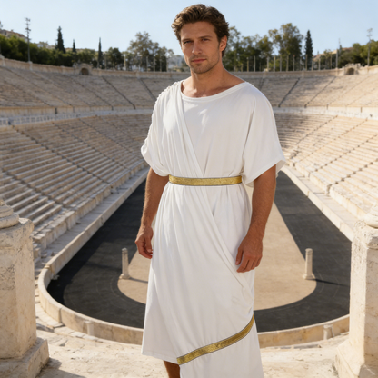 Man wearing a white draped toga with gold belt and hem trim in an empty stone amphitheater