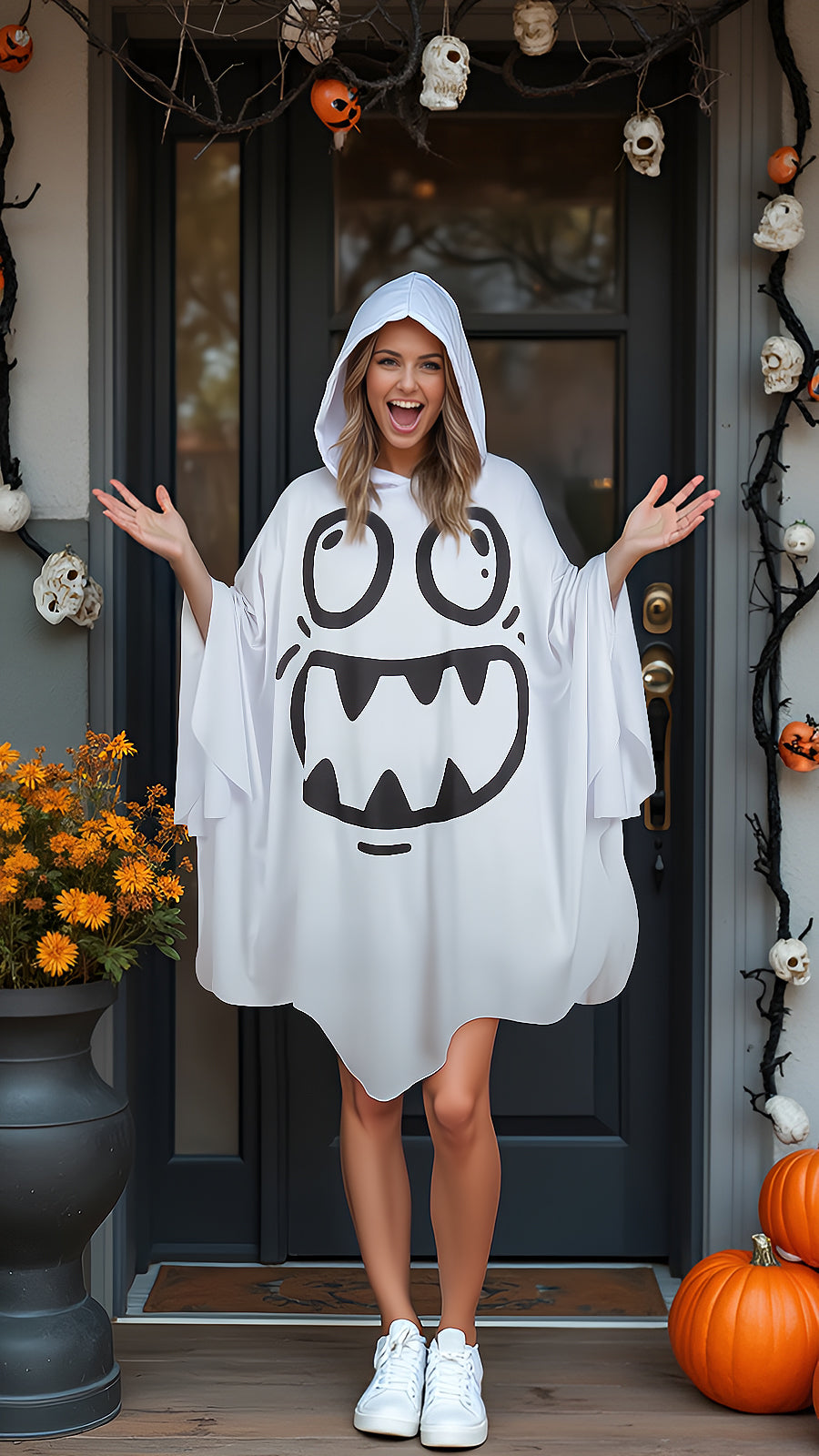 White Ghost Poncho Costume with Attached Hood