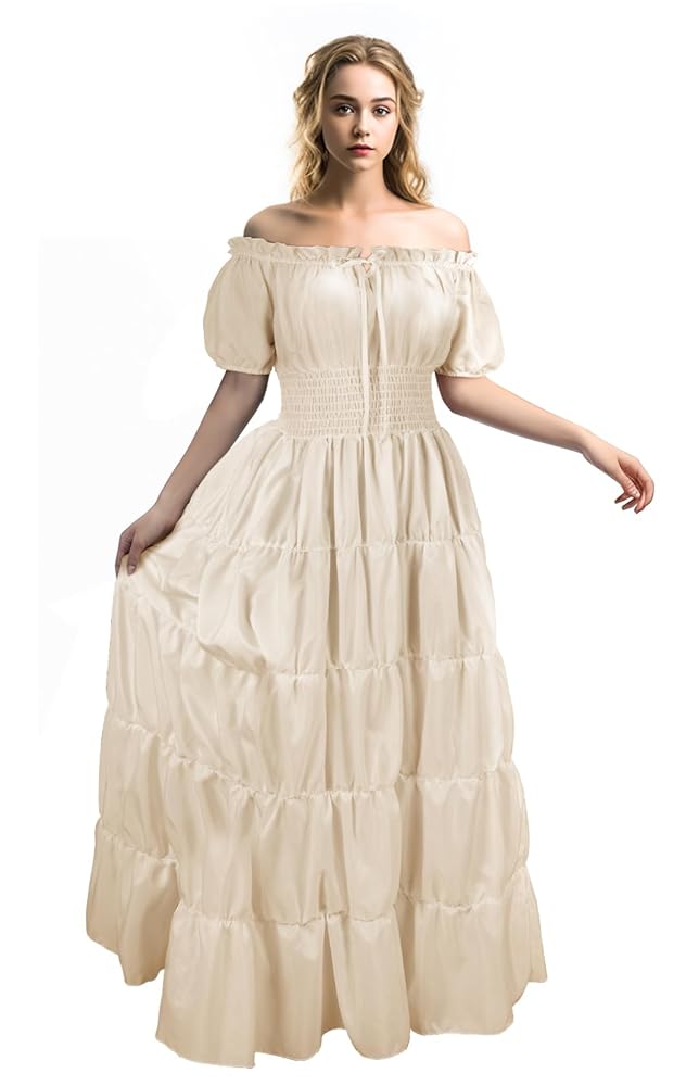 Long Medieval Tiered Off-the-Shoulder Dress