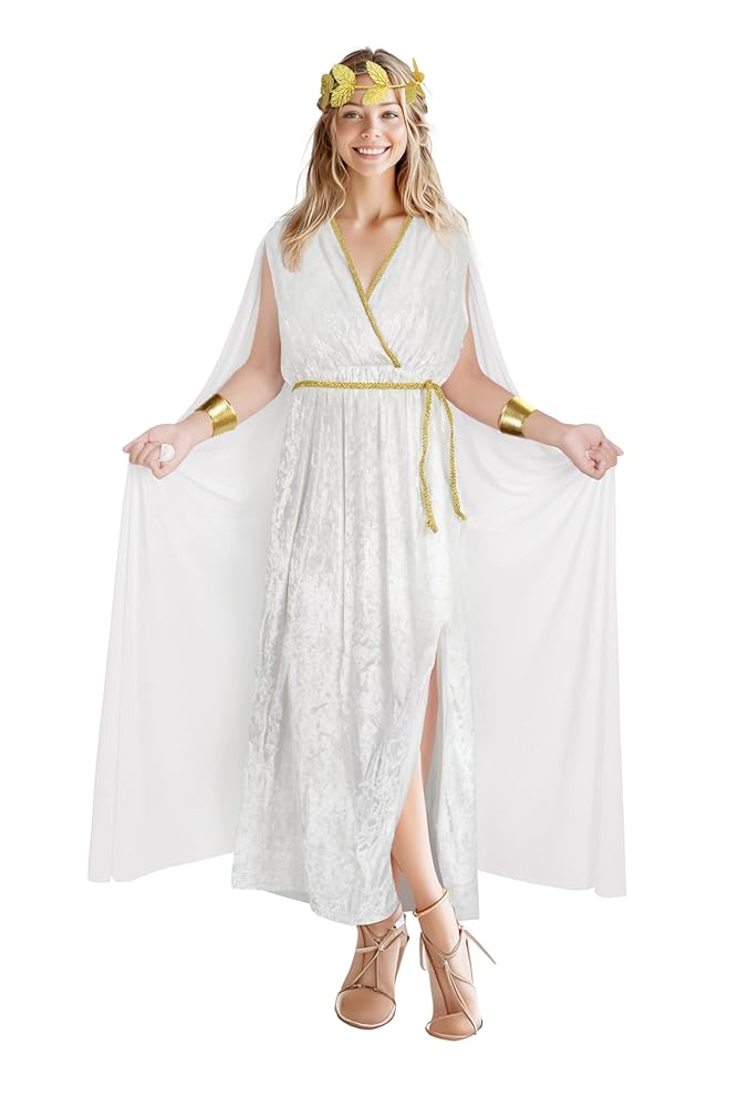 Women’s Greek Goddess Costume Dress, 4-Piece White Draped Outfit with Cape Panels, Leaf Crown Headband and Gold Wrist Cuffs for Cosplay Parties