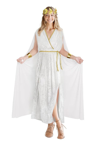 Women’s Greek Goddess Costume Dress, 4-Piece White Draped Outfit with Cape Panels, Leaf Crown Headband and Gold Wrist Cuffs for Cosplay Parties