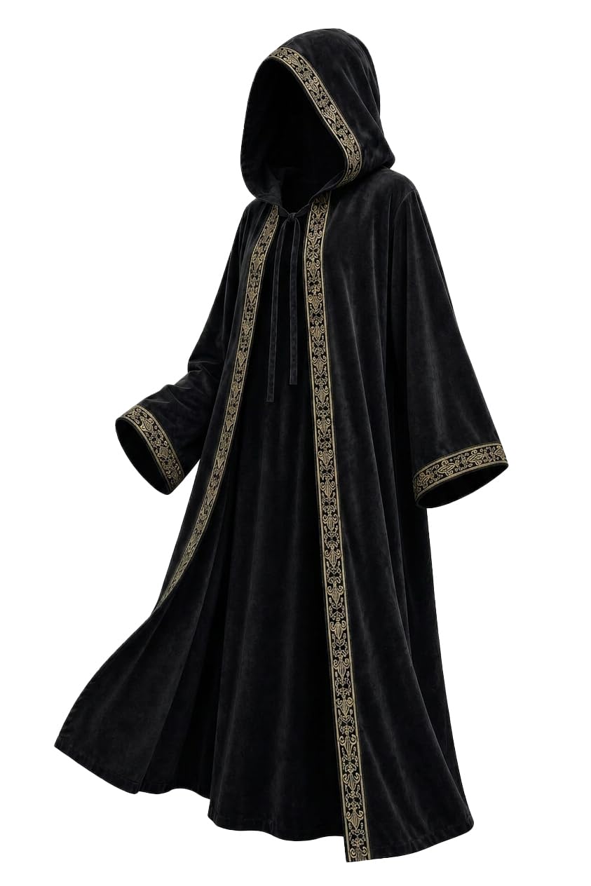 Black carnival cloak with hood and trim
