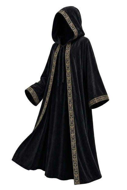 Black carnival cloak with hood and trim