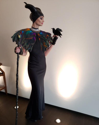 HOMELEX Black Witch Feather Collar Crow Shawl Costume Halloween Swan Wings Accessories Cape for Women - HOMELEX