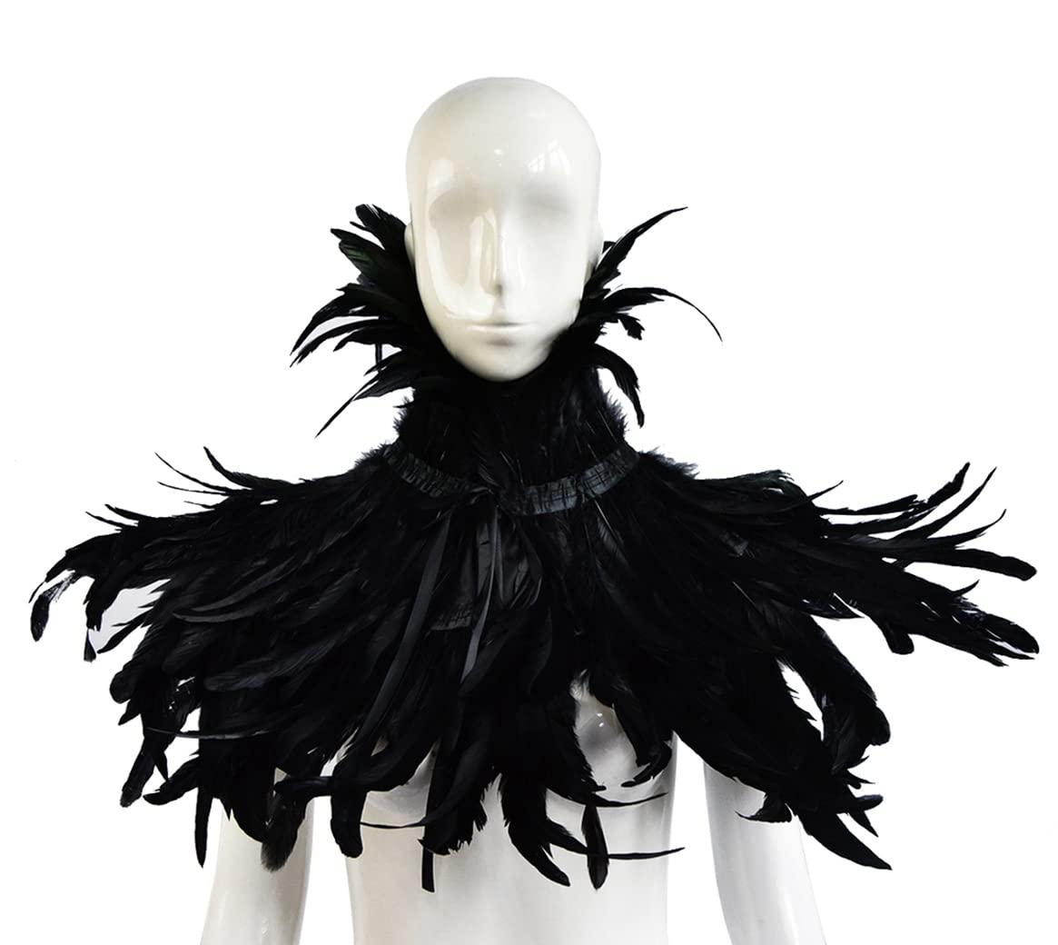 HOMELEX Black Feather Cape Collar with 2 Pack Feather Lace Long Gloves Witch Halloween Costume for Women - HOMELEX