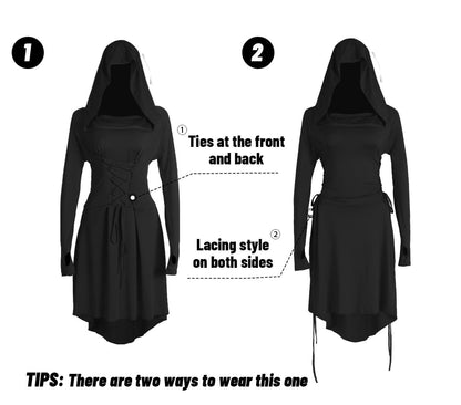 HOMELEX Renaissance Dress with Hood for Women - Medieval Ren Fair Hooded Cloak Halloween Robes Costume Black - HOMELEX