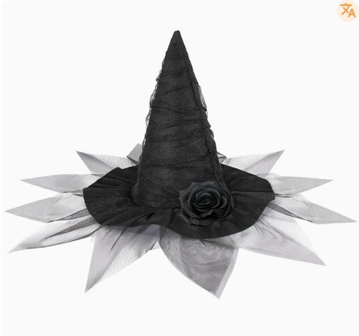 Black Halloween Witch Hat with Black Rose, Tall Pointed Wide Brim Mesh Costume Hat for Gothic Parties and Decorations