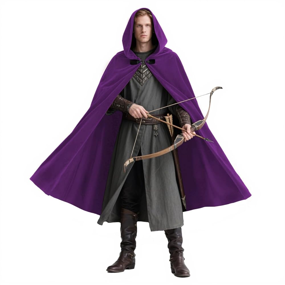 Medieval Fantasy Hooded Archer Cape with Front Clasp, Layered Tunic Style, Bow and Arrow for Cosplay Events and Costume Parties