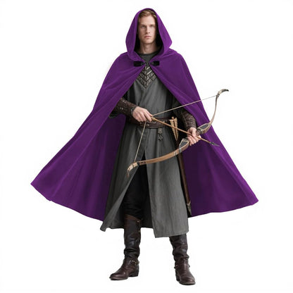 Medieval Fantasy Hooded Archer Cape with Front Clasp, Layered Tunic Style, Bow and Arrow for Cosplay Events and Costume Parties