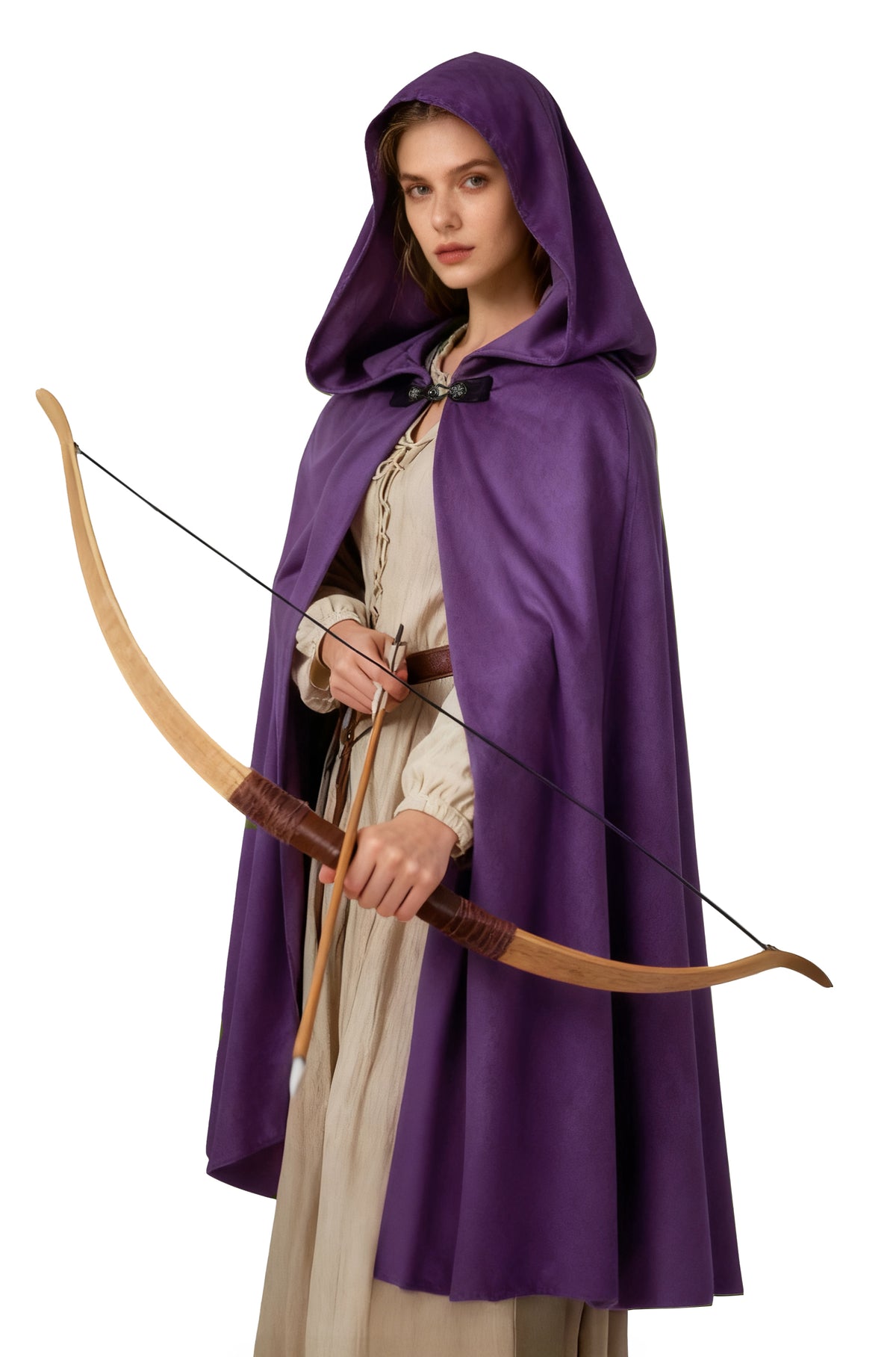 Purple hooded cloak with front clasp worn over a cream medieval dress, front view on white
