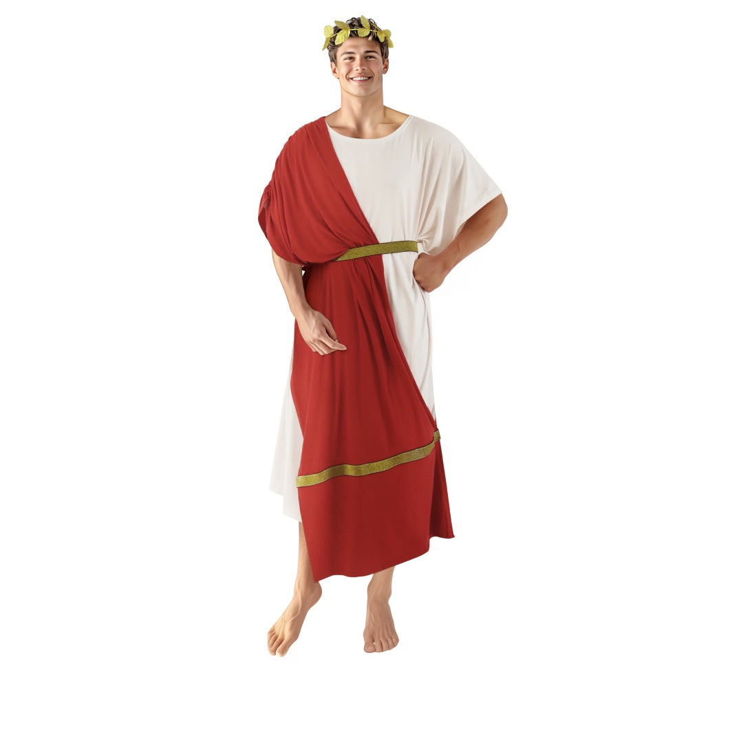 Man wearing the red and white draped Greek toga with gold trim, gold belt and gold leaf headband, full-length view