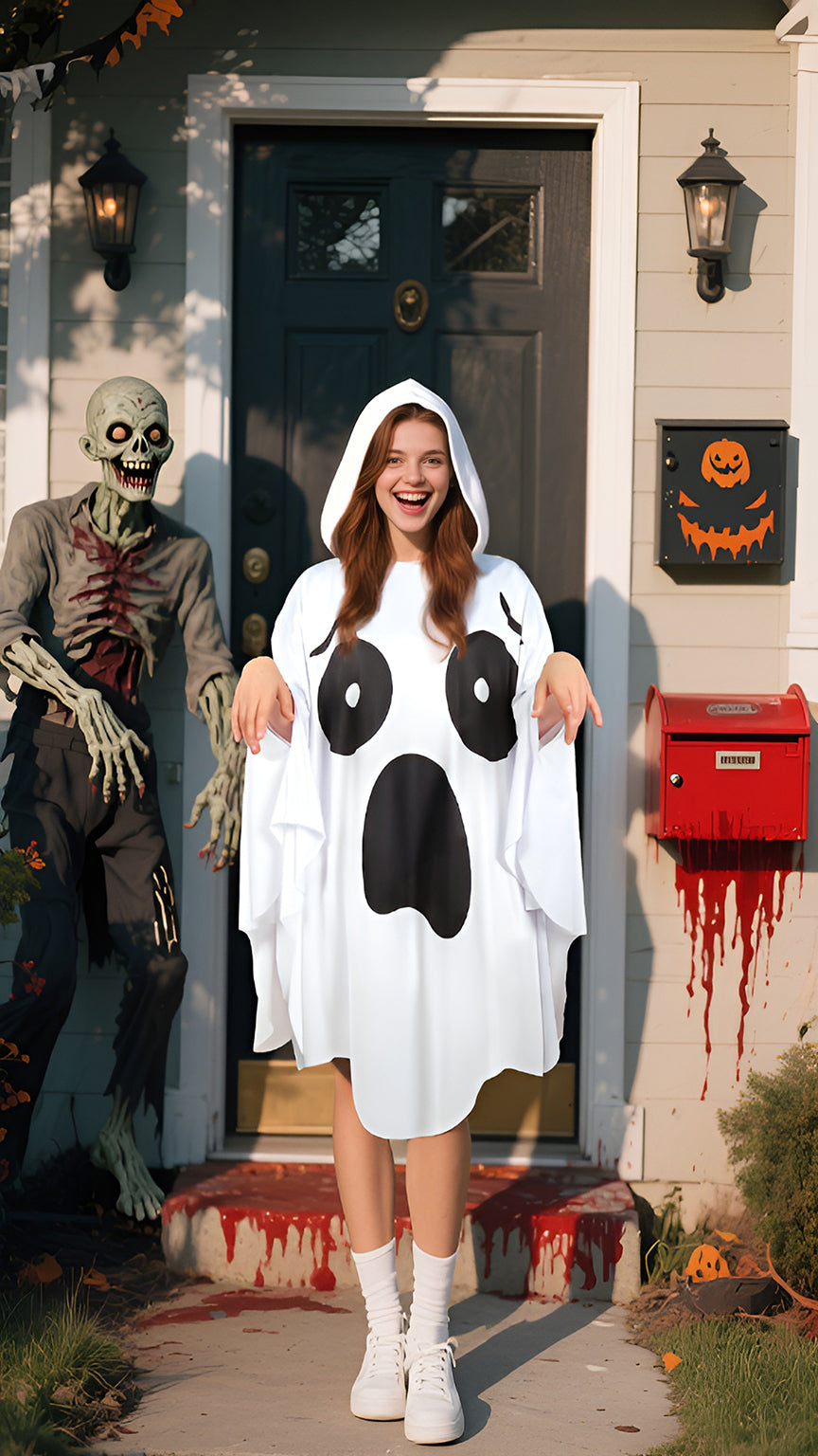 White Ghost Poncho Costume with Attached Hood
