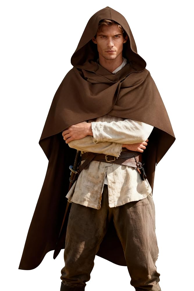 Medieval Fantasy Hooded Cloak, Deep Brown Long Draped Cape with Overlapping Front and Pointed Hem for Role Play, Stage Styling and Outdoor Wear