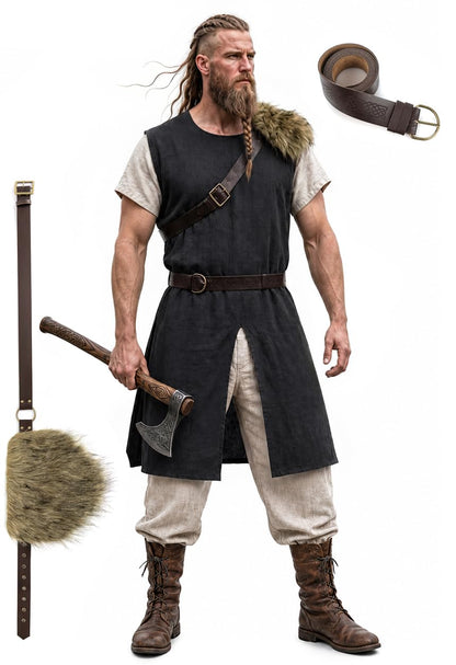 Black Sleeveless Tunic with Fur Trim and Belt