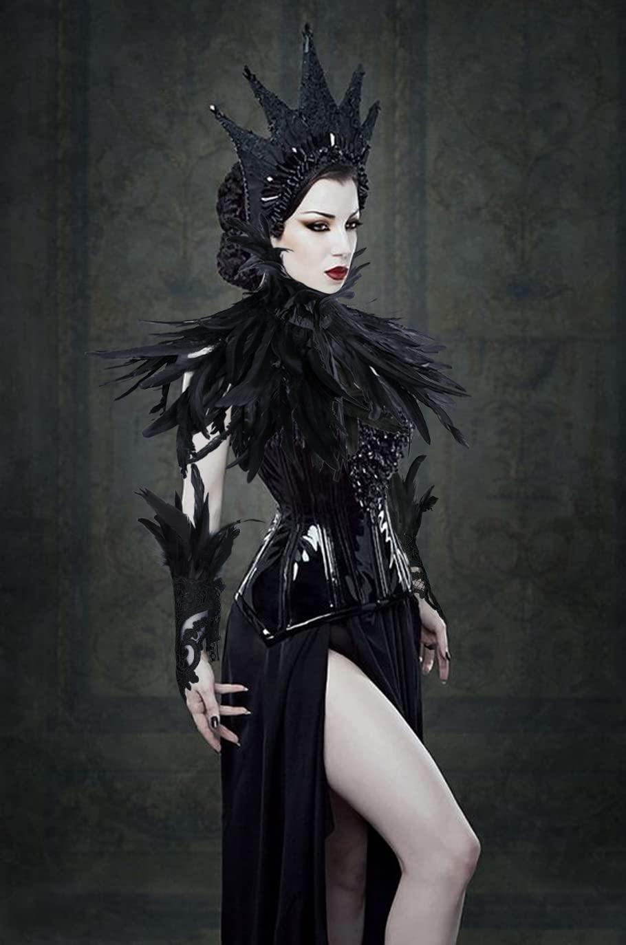 HOMELEX Black Feather Cape Collar with 2 Pack Feather Lace Long Gloves Witch Halloween Costume for Women - HOMELEX