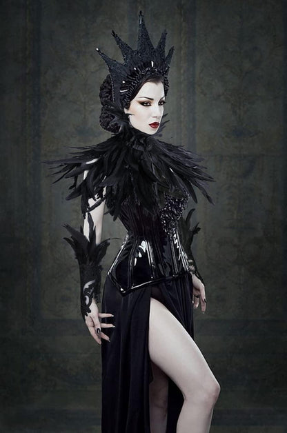 HOMELEX Black Feather Cape Collar with 2 Pack Feather Lace Long Gloves Witch Halloween Costume for Women - HOMELEX