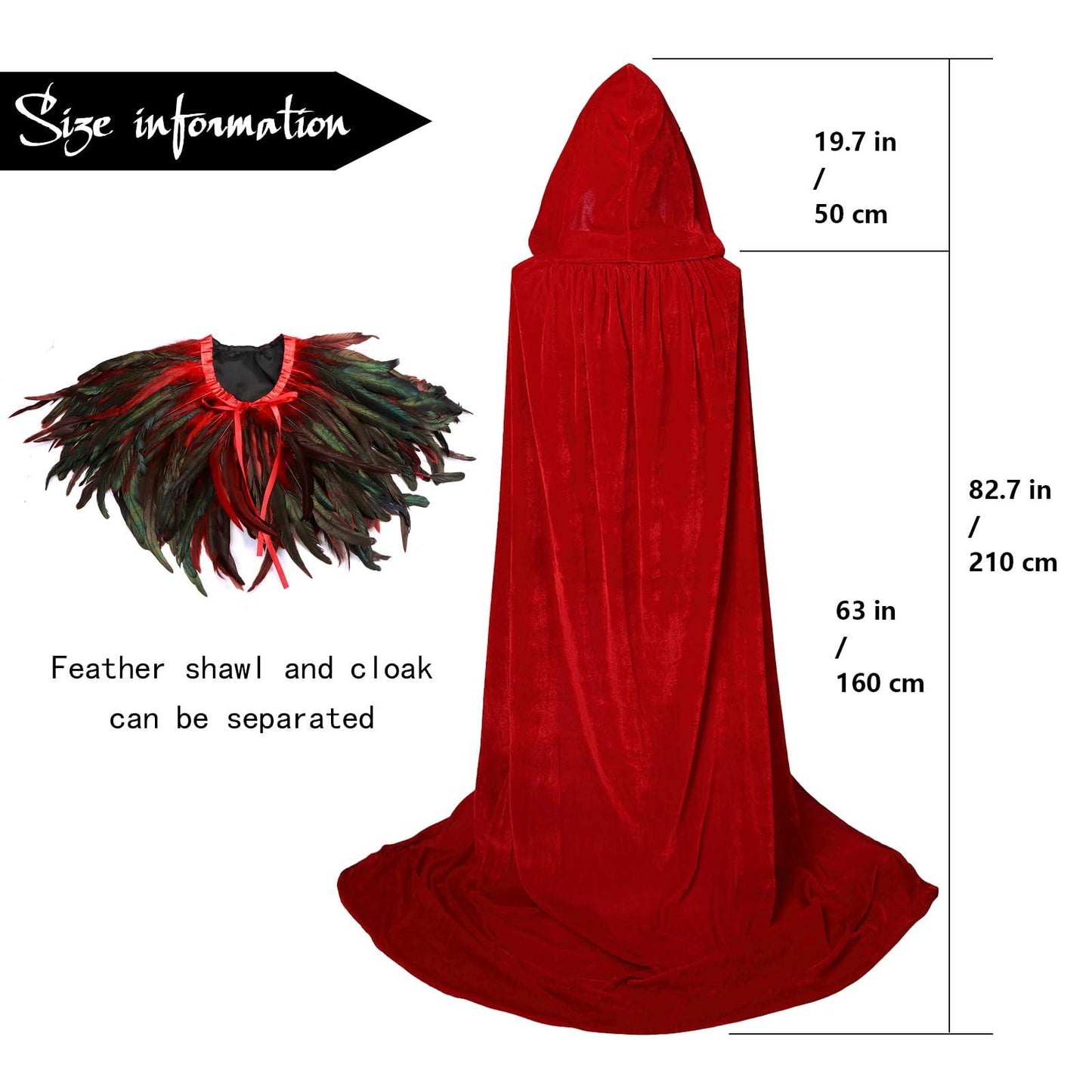 HOMELEX Unisex Solid Velvet Adult Full Length Hooded Robe Cape with Classic Gothic Feather Cloak Suit - HOMELEX