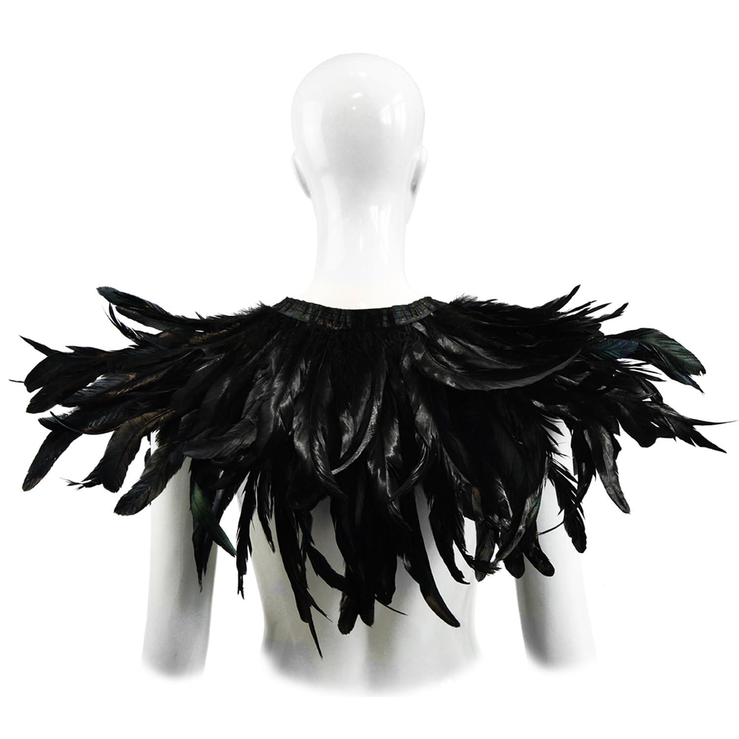 HOMELEX Black Witch Feather Collar Crow Shawl Costume Halloween Swan Wings Accessories Cape for Women - HOMELEX