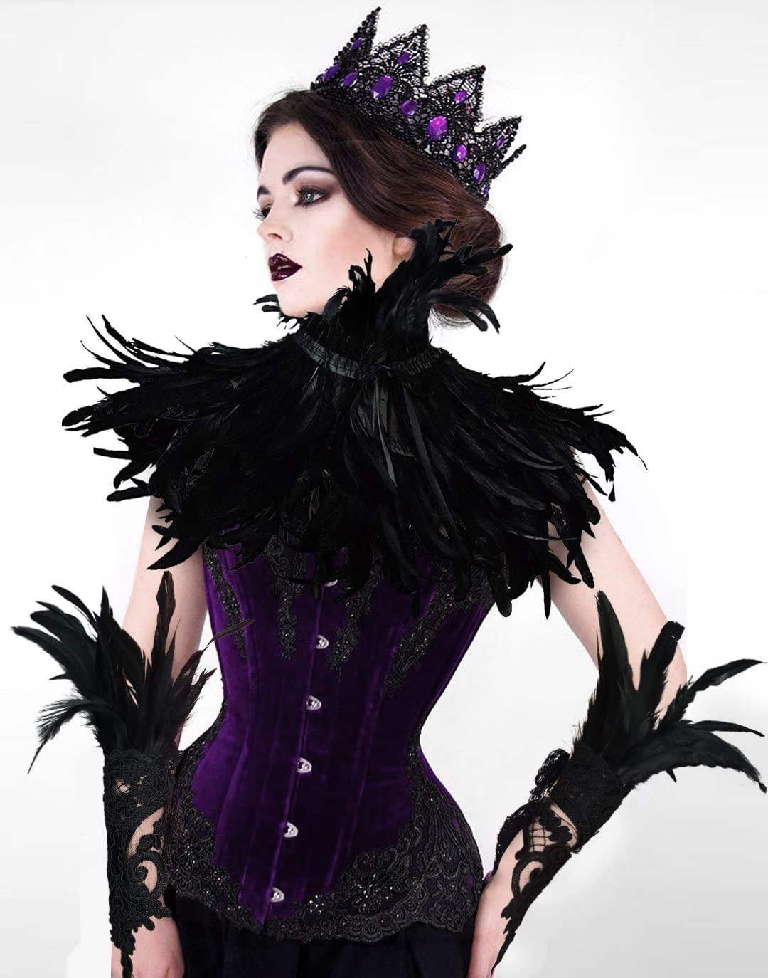 HOMELEX Black Feather Cape Collar with 2 Pack Feather Lace Long Gloves Witch Halloween Costume for Women - HOMELEX