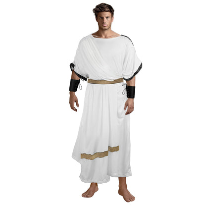 Man wearing a white Greek toga costume with black-trimmed sleeves, tan waistband and gold-tone hem band, full-body front view