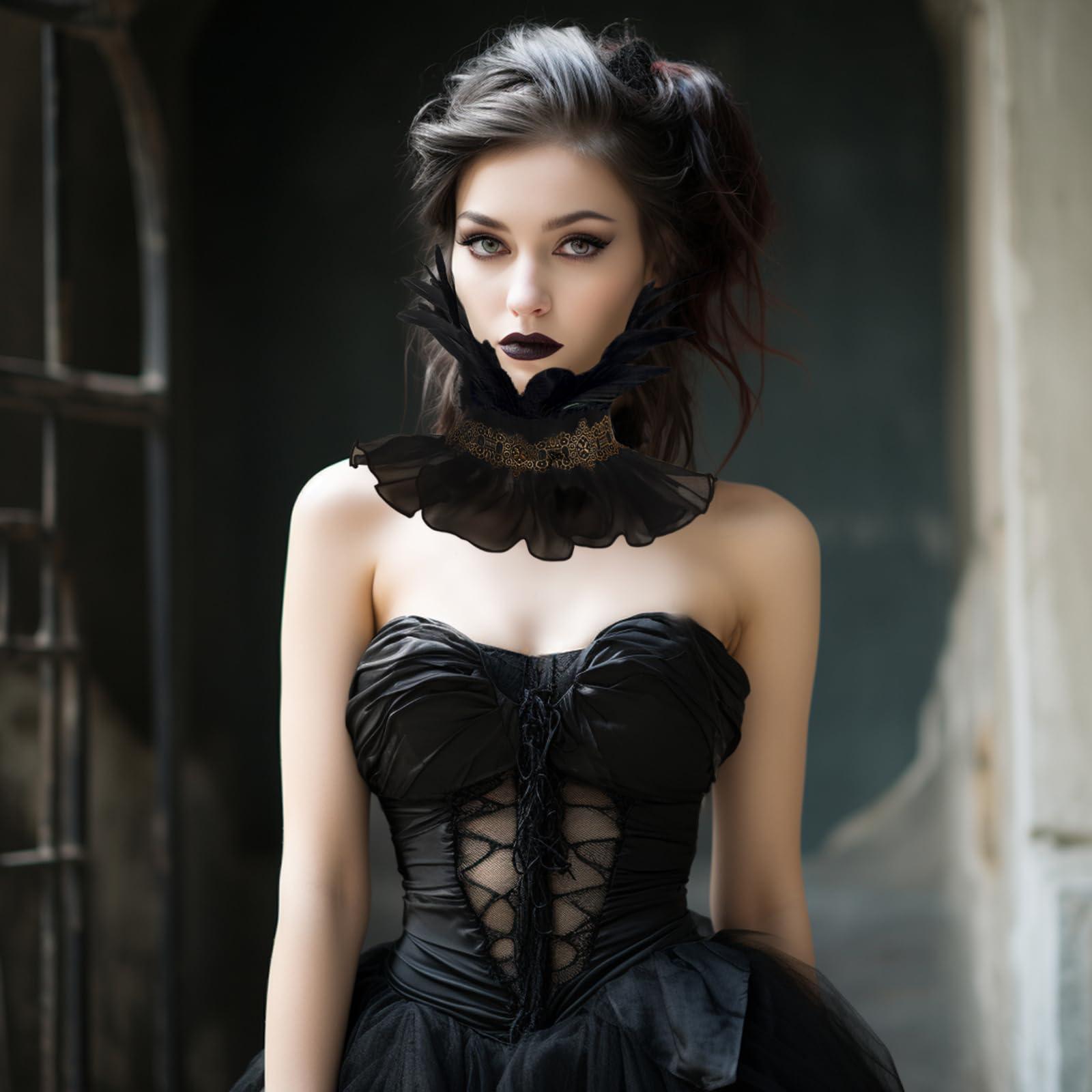 HOMELEX Gothic Victorian Black Natural Feather Collar Choker Halloween Shawl Cape - HOMELEX