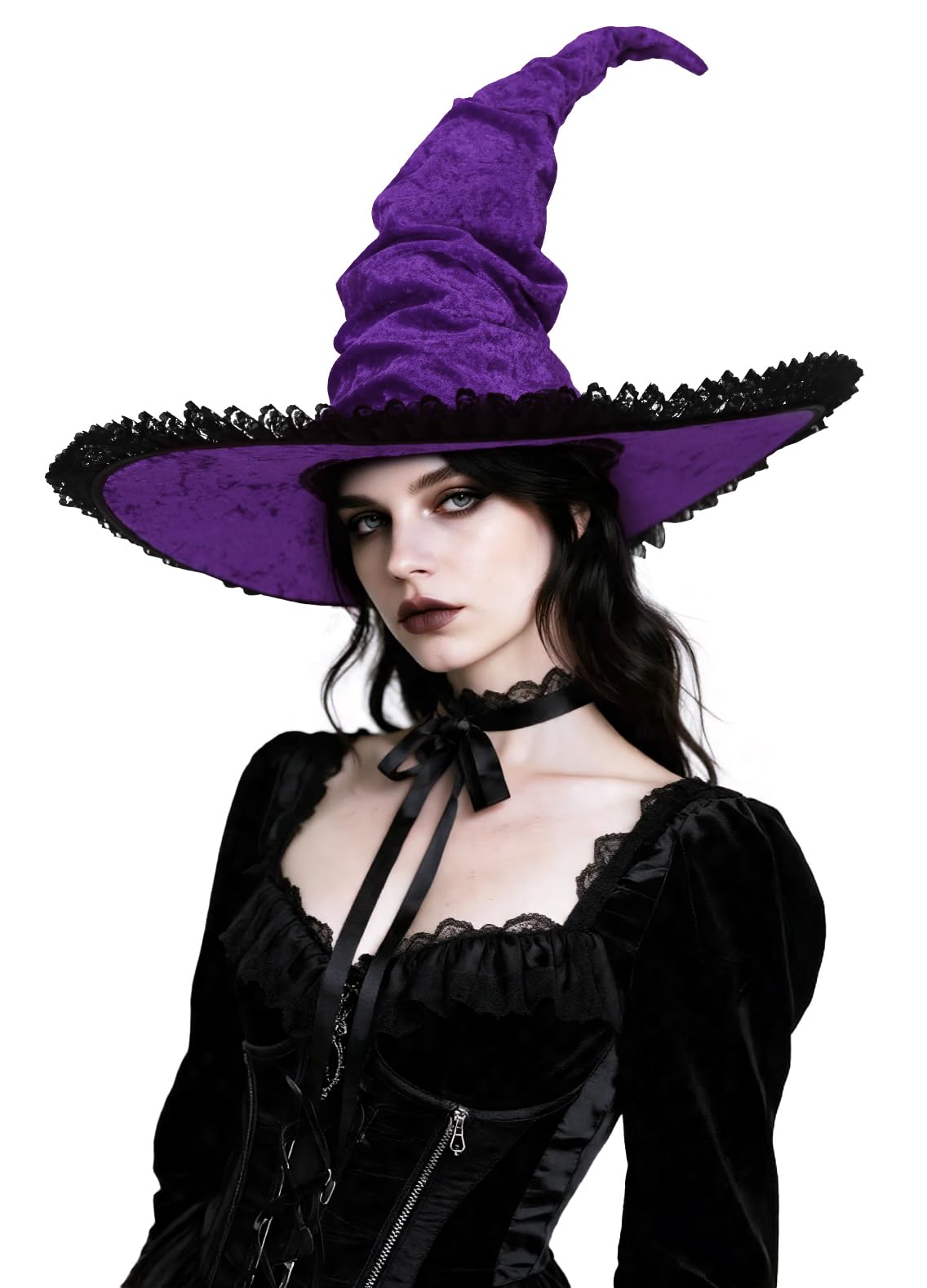 Halloween Witch Hat, Tall Curved Pointed Crown, Wide Irregular Brim, Deep Purple Gothic Style with Black Trim for Cosplay and Themed Parties