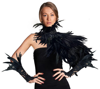 HOMELEX Black Feather Cape Collar with 2 Pack Feather Lace Long Gloves Witch Halloween Costume for Women - HOMELEX