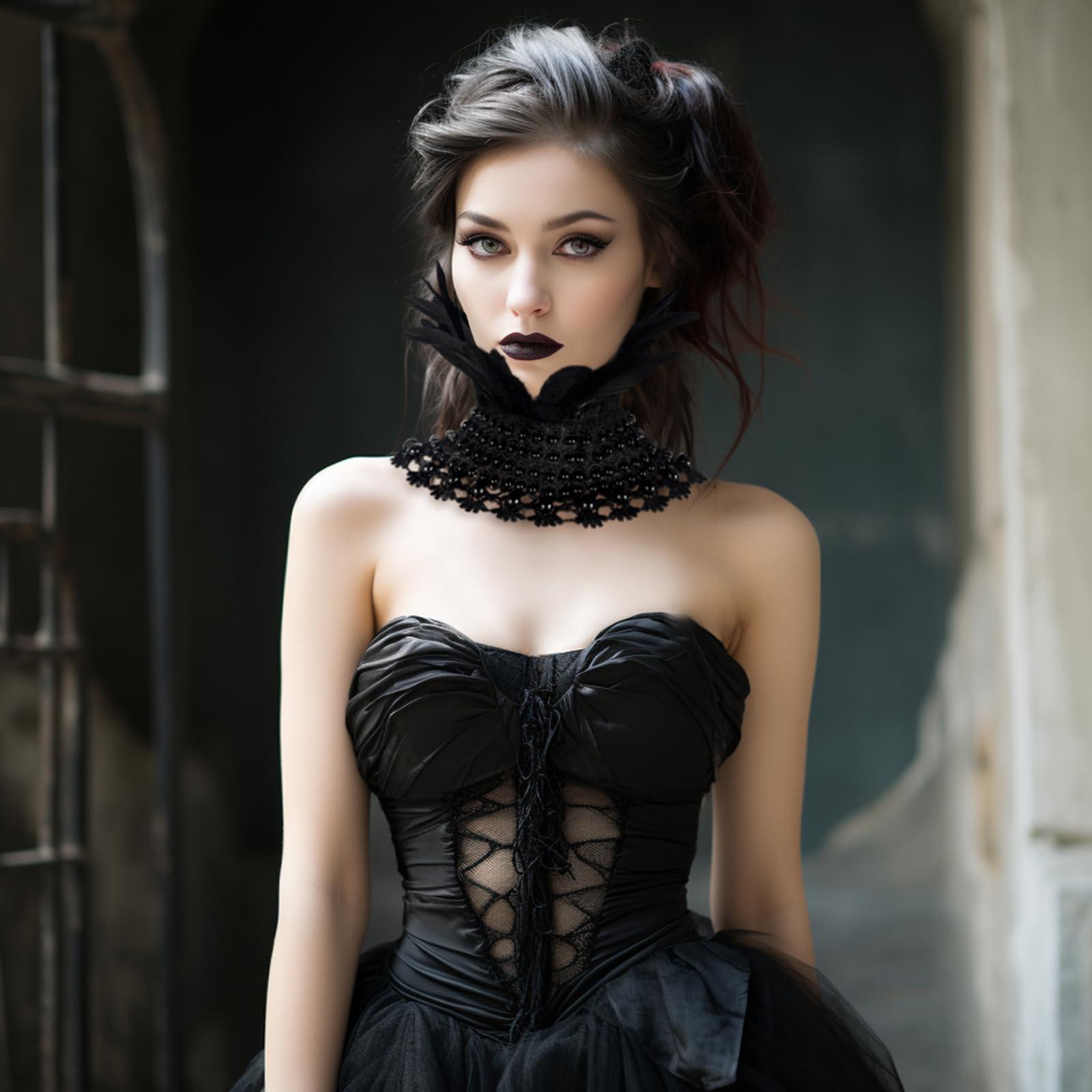 HOMELEX Gothic Victorian Black Natural Feather Collar Choker Halloween Shawl Cape - HOMELEX